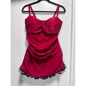Red Retro Pin Up Swim Dress One Piece Skirted Swimsuit Sz14 Ruched Tummy Control